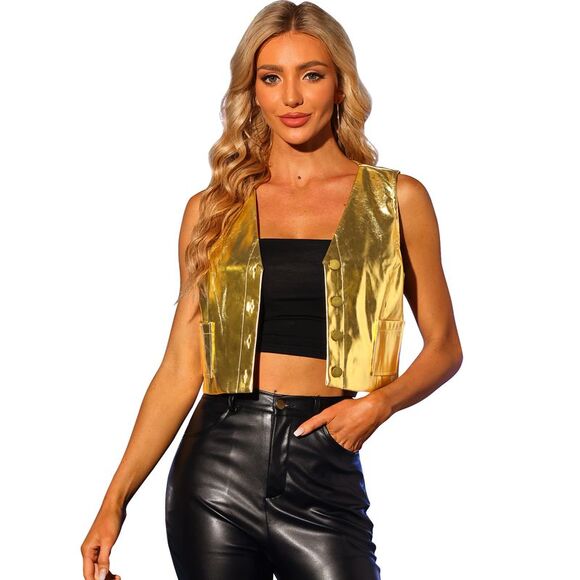 Crop Button Sleeveless Metallic Vest Party Clubwear Gold - Picture 1 of 6